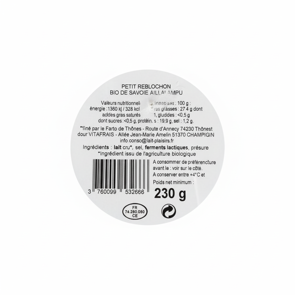 LAIT PLAISIRS -- Reblochon au lait cru 230g
