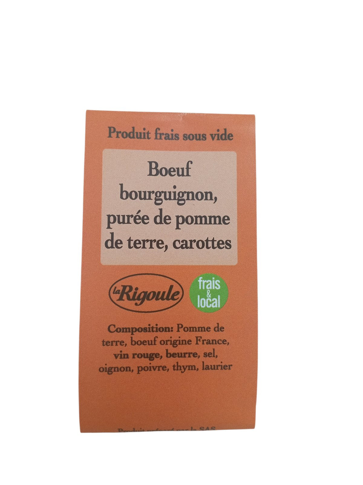 Plats cuisinés boeuf bourguignon, purée de pomme de terre et carottes